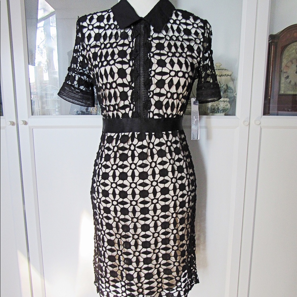 NWT AQUA Black & Tan Lace Short Sleeve Midi Dress